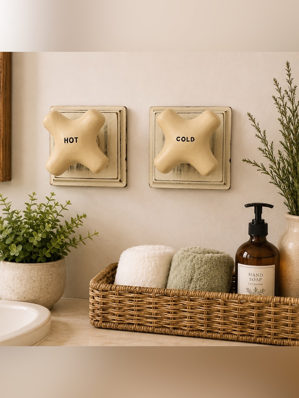 Decorative Hot & Cold Faucet Knob Wall Plaques Rustic Distressed Bathroom Decor